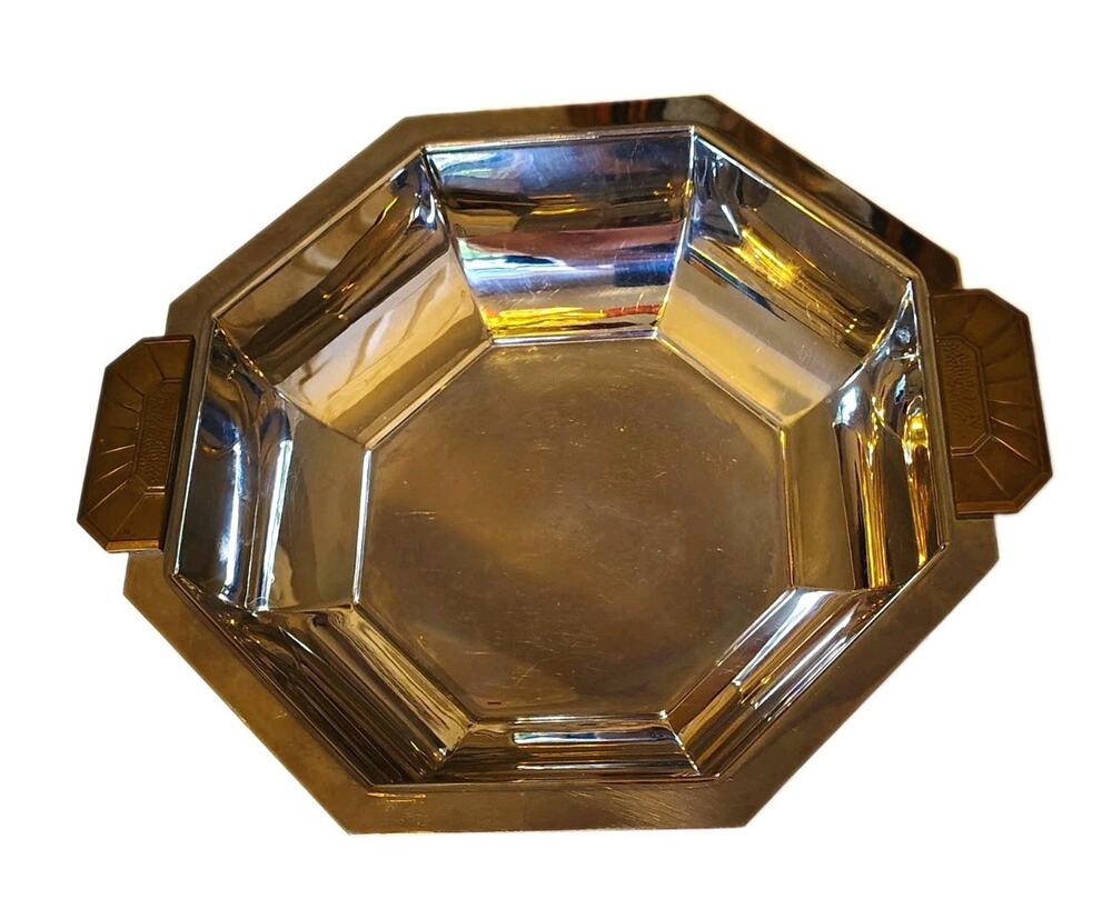 Vtg Jean Couzon Orfevre "Circa 1925" Steel Octagonal Bowl Brass Handles 1985
